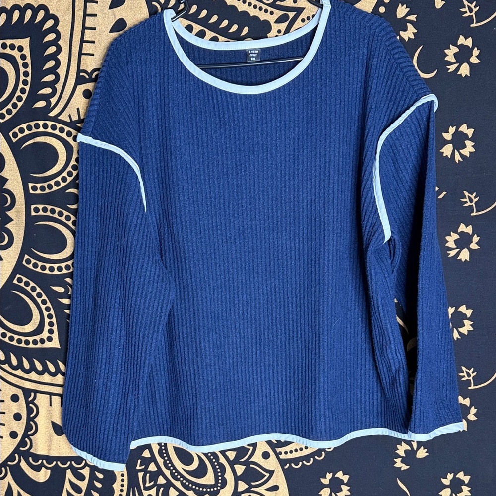 SHEIN Navy Ribbed Top with Light Blue Trim